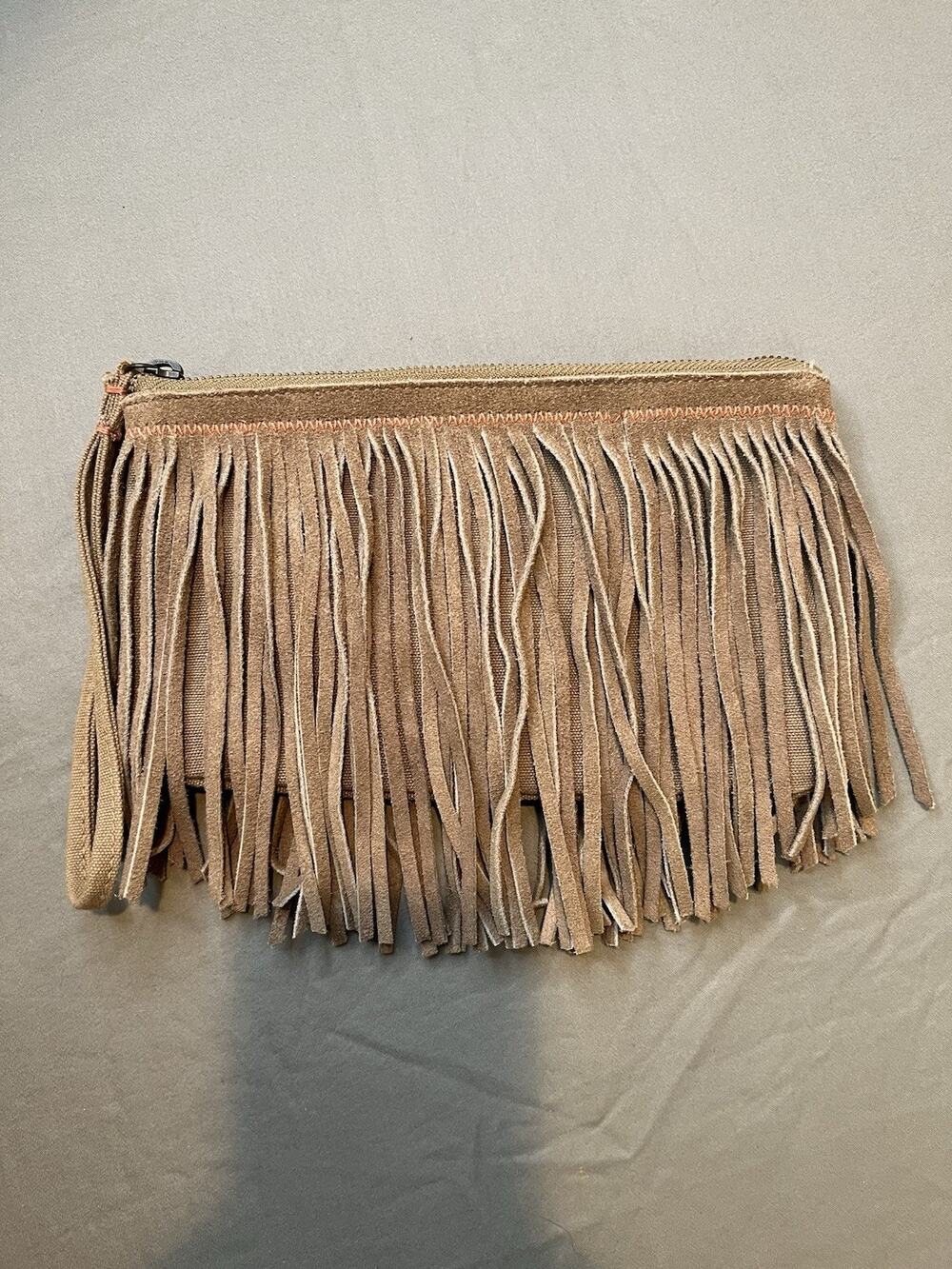 American Eagle Purse Small AEO Wristlet Boho Fringe Suede On Canvas Light Brown